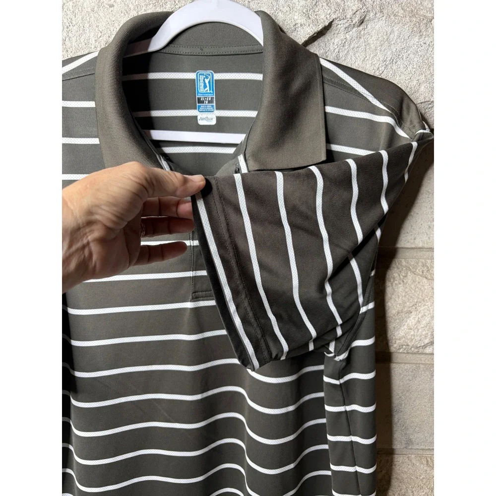 PGA Tour Airflux Mens XL Polo Shirt Black White Striped Short‎ Sleeve Golf Top